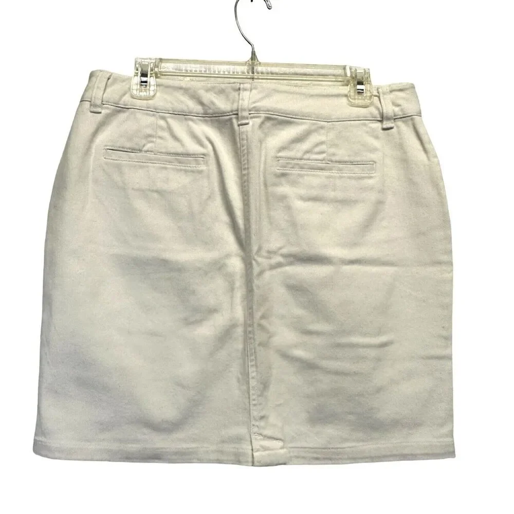 Lauren Ralph Lauren White Denim Mini‎ Skirt Zipper Pockets Size 8 Stretch Cotton